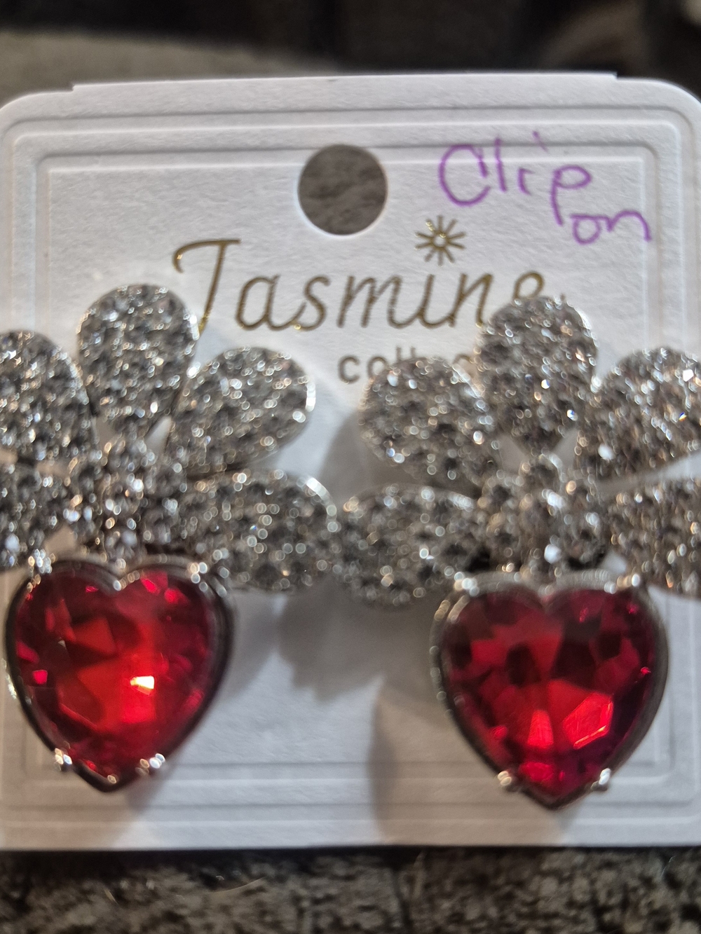 Red Heart Crystal Clip-On Earrings